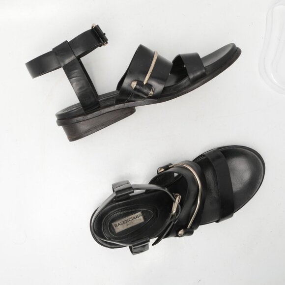 BALENCIAGA Leather Gladiator Sandals Black Gold Italy Designer Strappy Summer - Picture 4 of 16